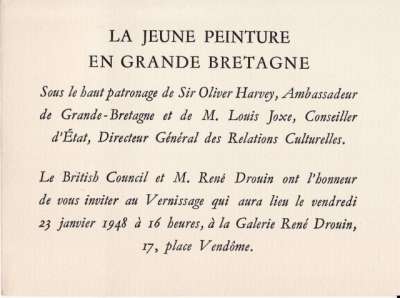 Carton de vernissage à l'exposition La jeune peinture en Grande-Bretagne. Janvier 1948. 13x10 cm